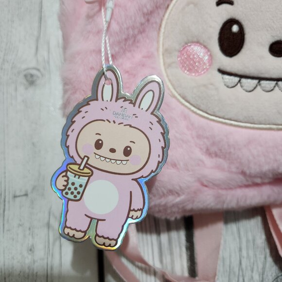 Labubu Mini Backpack Pink Fluffy Soft Cute Kawaii Sparkly Ears 2 Zippers New - Picture 2 of 11